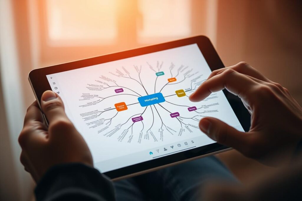 A beautifully designed mind mapping app interface on a sleek tablet device, bathed in soft, warm lighting. The screen displays an intricate, color-coded diagram, with branches radiating outwards from a central concept. The user's hands are visible, interacting seamlessly with the touchscreen, adding new nodes and connections. The app's clean, minimalist UI features intuitive controls and tools for organizing thoughts, visualizing ideas, and structuring complex information. The overall mood is one of focused productivity, creativity, and a sense of digital mastery. A beautifully designed mind mapping app interface on a sleek tablet device, bathed in soft, warm lighting. The screen displays an intricate, color-coded diagram, with branches radiating outwards from a central concept. The user's hands are visible, interacting seamlessly with the touchscreen, adding new nodes and connections. The app's clean, minimalist UI features intuitive controls and tools for organizing thoughts, visualizing ideas, and structuring complex information. The overall mood is one of focused productivity, creativity, and a sense of digital mastery.