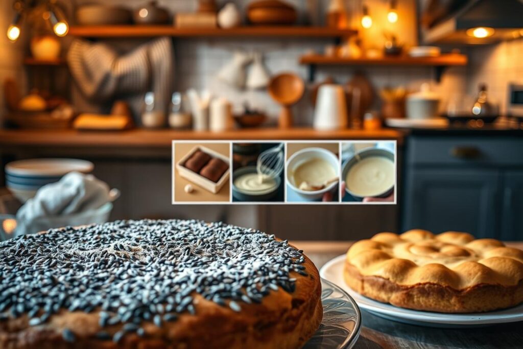 A beautifully lit, step-by-step visual guide to baking a delectable poppy seed cake (Mohnkuchen). The foreground showcases a close-up of the cake-making process, with neatly arranged ingredients and utensils. The middle ground features a collage of various stages, from mixing the batter to the final baked result. The background depicts a cozy, rustic kitchen setting with warm lighting, creating a welcoming atmosphere. The overall composition emphasizes the care and attention to detail involved in crafting this traditional German dessert, inviting the viewer to follow along and replicate the recipe with confidence.