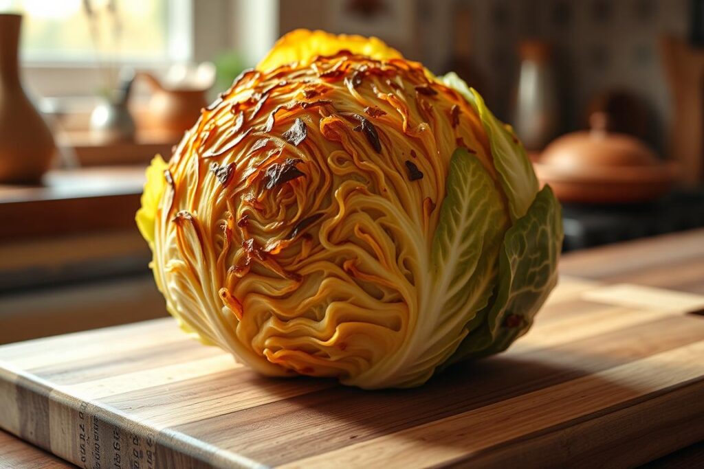 A beautifully roasted cabbage head sits atop a wooden cutting board, its crisp, golden-brown leaves gently curling outward. Soft, natural lighting illuminates the intricate patterns and textures of the cabbage's surface, casting delicate shadows that accentuate its form. In the background, a warm, cozy kitchen setting with earthy tones and rustic accents creates a welcoming, homey atmosphere. The overall composition evokes a sense of traditional, homemade comfort and the rich, savory aroma of a perfectly baked Spitzkohl dish, ready to be enjoyed.