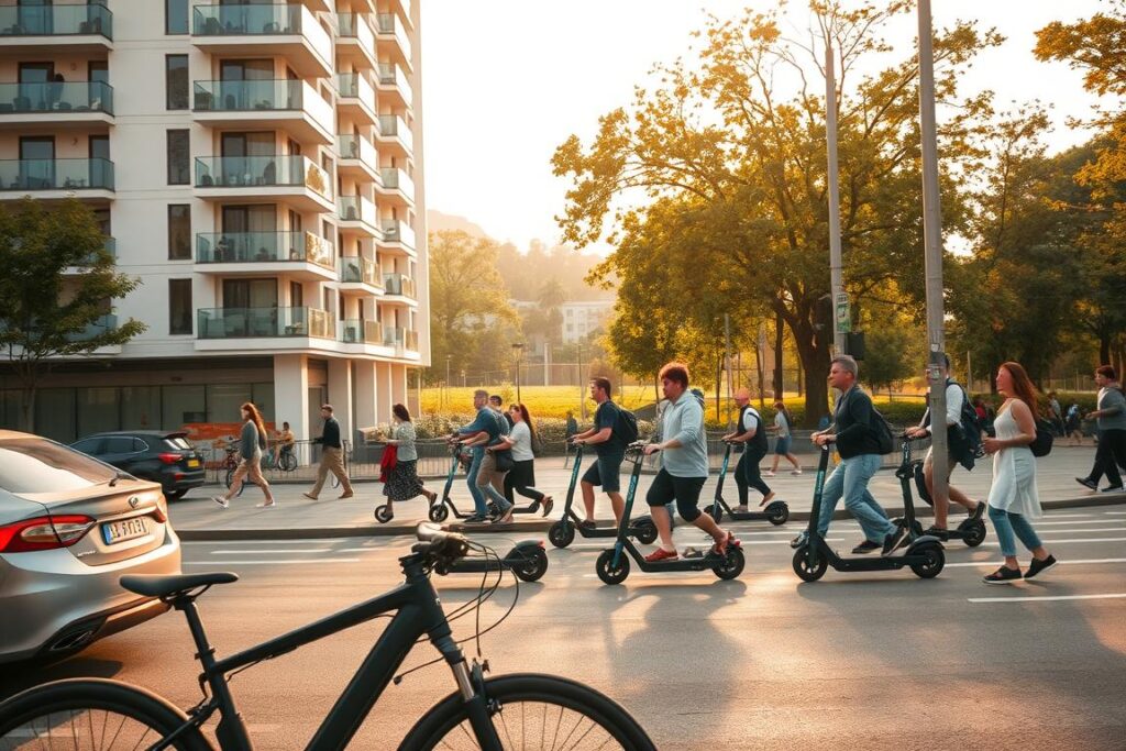 A busy urban street scene, with a cyclist riding a sleek electric bicycle in the foreground, weaving through traffic with ease. In the middle ground, a group of people on electric scooters zipping past pedestrians on the sidewalk. In the background, a modern apartment building with balconies, and a glimpse of a tree-lined park beyond. The scene is bathed in warm, golden afternoon light, with a sense of movement and energy. The image conveys the complementary nature of these two forms of micromobility, showcasing how they can be effectively integrated into the daily urban commute.