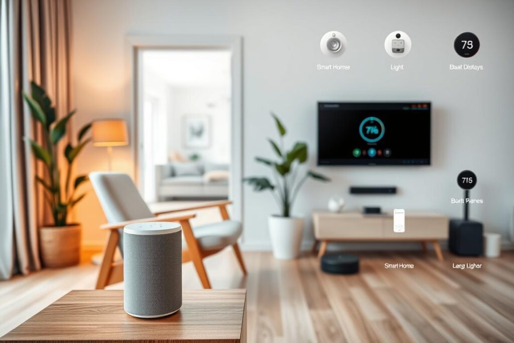 A clean, modern interior with a focus on smart home technology and compatibility. In the foreground, a sleek, minimalist smart speaker in a neutral color sits atop a wooden side table, casting a warm glow. Behind it, a mid-century inspired armchair and a lush potted plant create a cozy, inviting atmosphere. The middle ground features a wall-mounted smart display, its screen showcasing a simple interface with icons representing different connected devices. In the background, an open floor plan reveals additional smart home elements like a thermostat, light switches, and a robot vacuum, all seamlessly integrated. The overall scene exudes a sense of harmony, efficiency, and effortless connectivity, reflecting the importance of compatibility in a smart home ecosystem.