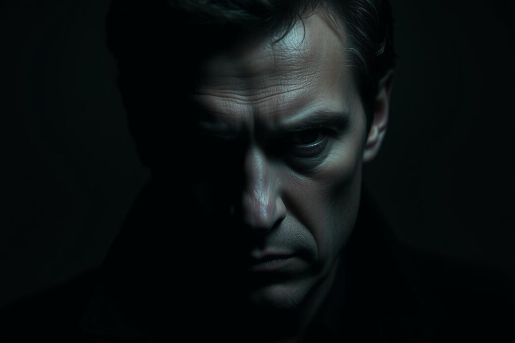 A close-up portrait of an actor in a dark, brooding setting. The subject's face is partially obscured by shadows, creating a mysterious and enigmatic expression. The lighting is low-key, with dramatic chiaroscuro effects highlighting the actor's angular features. The background is a simple, muted color palette, allowing the focus to remain on the subject's intense gaze. The composition is tightly framed, emphasizing the actor's intense presence and the moody, cinematic atmosphere. The overall tone is one of intrigue and emotional depth, reflecting the nuanced performances associated with the TV series "Alles finster".