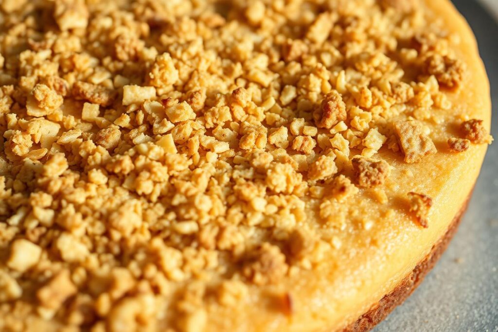 A close-up shot of freshly baked streusel topping, the surface glistening with golden-brown crispiness. The granular texture is defined by a delicate interplay of light and shadow, creating an inviting visual feast. The streusel sits atop a smooth, light-colored base, hinting at the delicious treat it will adorn. Captured with a shallow depth of field, the focus is drawn to the intricate details of the streusel, emphasizing its crunchy allure. The lighting is soft and natural, casting a warm, appetizing glow. This image will perfectly complement the section on creating the perfect streusel for the mohn cake recipe.