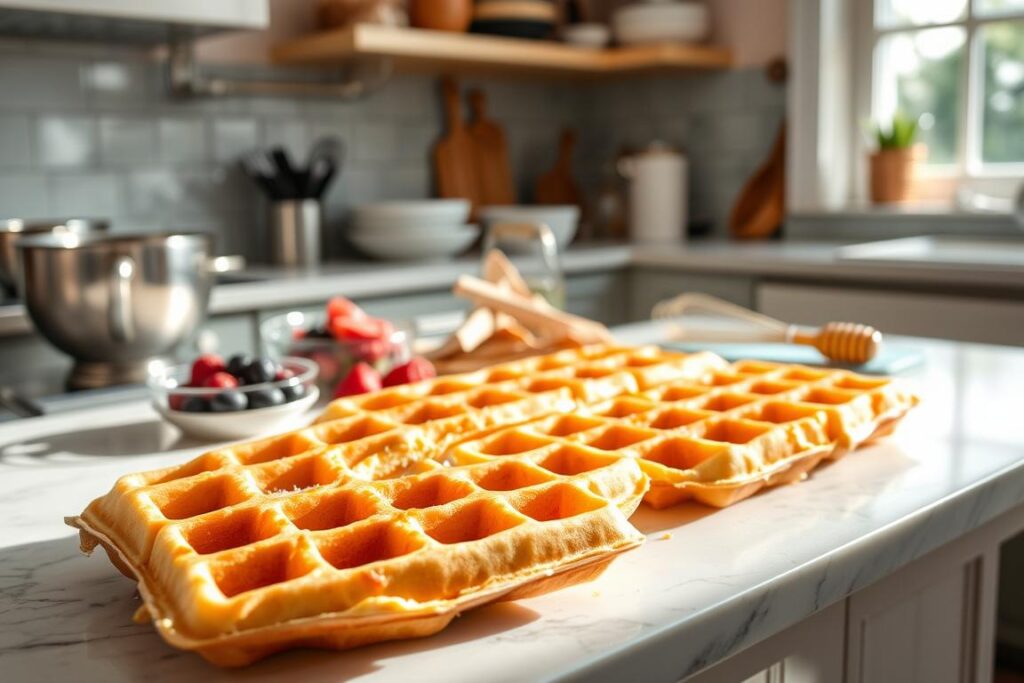 A cozy kitchen filled with sunlight, a marble countertop showcasing a platter of perfectly golden-brown Belgian waffles, freshly made with a rich, yeasty aroma. In the foreground, a scattering of crisp, caramelized edges, tempting the viewer. Beside the waffles, an array of toppings - fresh berries, a drizzle of honey, a dusting of powdered sugar - inviting the viewer to imagine the delicious experience. In the background, a set of mixing bowls, a whisk, and other baking utensils, hinting at the care and attention that went into the preparation. The lighting is soft and warm, creating a cozy, homey atmosphere, encouraging the viewer to savor the moment and indulge in the perfect Belgian waffle experience.