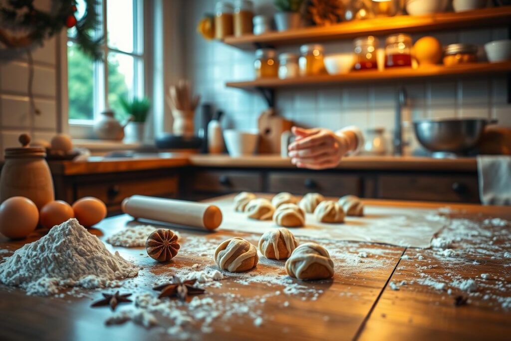 A cozy kitchen scene with a step-by-step tutorial on baking traditional German Lebkuchen cookies. In the foreground, a wooden table is littered with baking ingredients - flour, eggs, spices, and a rolling pin. In the middle ground, a baker's hands carefully shape the dough into balls, ready to be baked. Warm, soft lighting from a nearby window illuminates the scene, creating a welcoming and homely atmosphere. The background features shelves with jars of honey, a mixing bowl, and other baking tools, hinting at the care and attention required to make these delectable holiday treats.