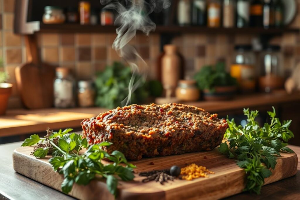 A cozy kitchen with a freshly baked meatloaf taking center stage, resting on a wooden cutting board. Wisps of steam rise, hinting at the savory aromas within. Beside it, an array of aromatic herbs and spices, their vibrant colors and textures creating a visually compelling scene. Warm, natural lighting casts a soft glow, accentuating the dish's homemade appeal. In the background, a rustic tiled backsplash and dark wooden shelves hold jars and bottles, suggesting a well-stocked pantry. The overall atmosphere is one of comforting familiarity, inviting the viewer to savor the satisfying flavors of a perfectly prepared meatloaf.
