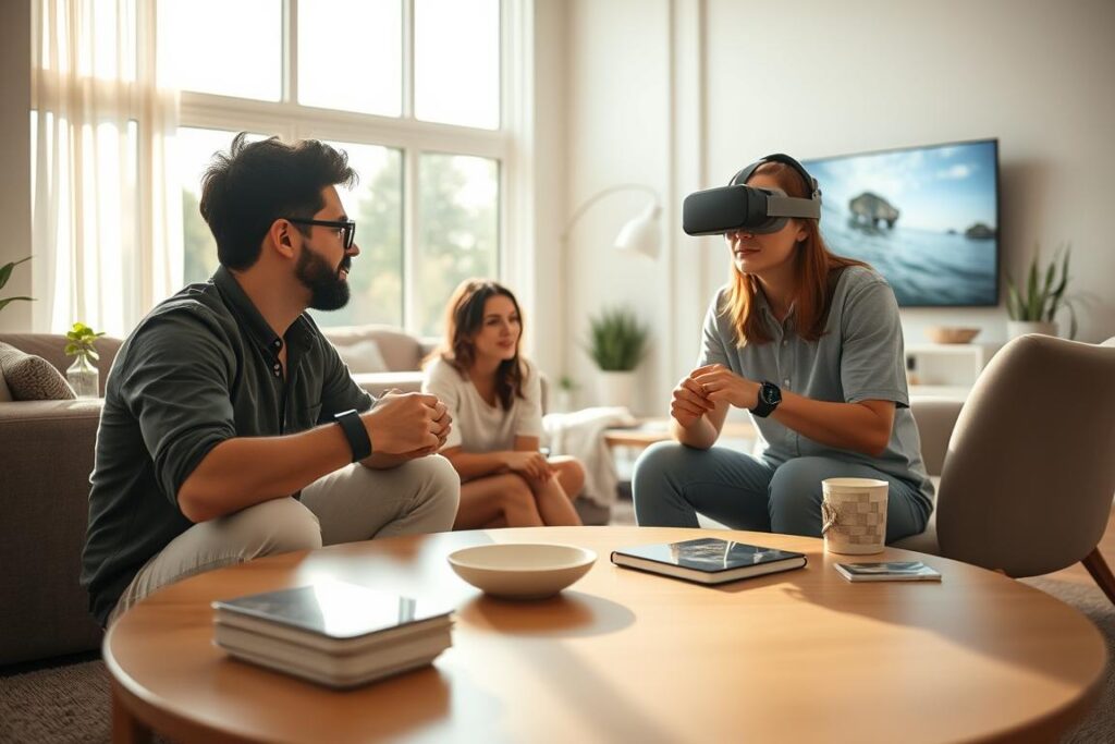 A cozy living room scene with a well-lit, modern interior. In the foreground, a family gathers around a coffee table, each engaged with a different wearable device - a smartwatch, fitness tracker, and VR headset. Soft natural light filters through large windows, casting a warm glow over the room. The middle ground features a plush sofa and armchair, complemented by sleek, minimalist decor. In the background, a large flat-screen TV displays outdoor scenery, blending the indoors and outdoors. An atmosphere of relaxation and technological integration pervades the space, reflecting the harmony of everyday life enhanced by smart gadgets.