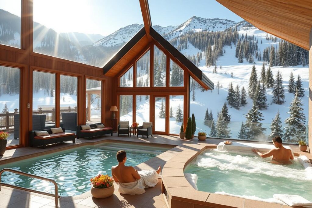 A cozy mountain spa nestled amidst a serene alpine landscape, transitioning seamlessly from lush summer to a pristine winter wonderland. Sunlight filters through floor-to-ceiling windows, illuminating the elegant interior with its plush furnishings and soothing color palette. In the foreground, a group of guests enjoy the rejuvenating benefits of a geothermal pool, steam room, and massage therapies, while in the background, snow-capped peaks and evergreen forests evoke a sense of tranquility and escape. The scene conveys a harmonious balance of relaxation and nature, inviting the viewer to indulge in a wellness journey through the changing seasons.