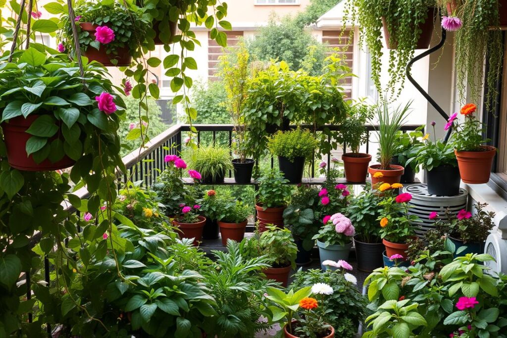 A cozy urban balcony overflowing with a vibrant selection of potted plants and flowers. In the foreground, lush green foliage of various leafy houseplants, trailing vines, and colorful blooms cascade from hanging baskets. The middle ground features a diverse mix of potted vegetables, herbs, and compact flowering annuals arranged in a harmonious layout. In the background, a tidy railing is adorned with more greenery, creating a sense of privacy and seclusion. Natural daylight filters through, illuminating the scene with a warm, golden glow. The overall atmosphere evokes a peaceful, restorative urban oasis perfect for mindful gardening.