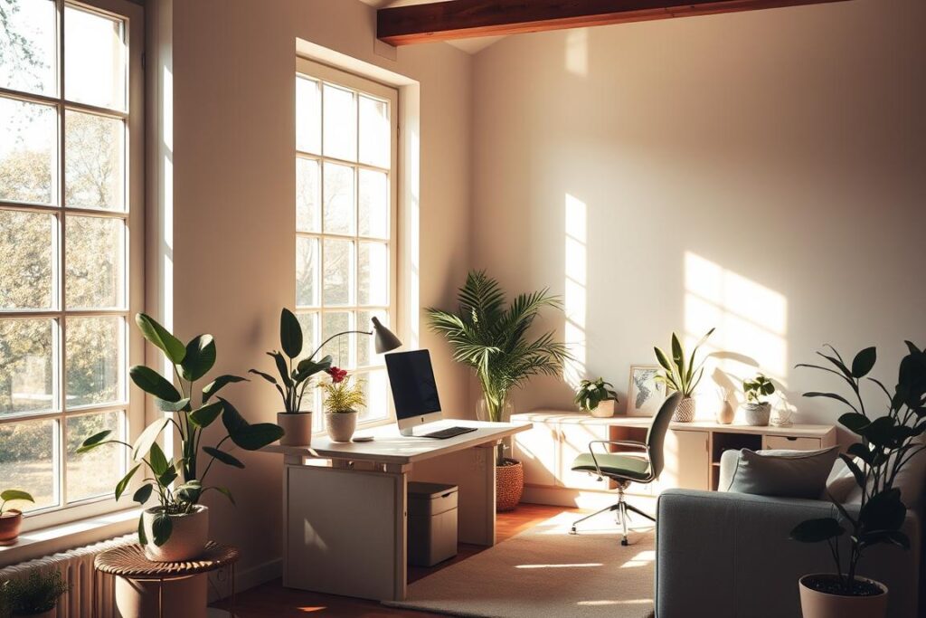 A cozy, well-lit home office space with natural sunlight streaming through large windows, casting a warm, soothing glow on the interior. Soft, diffused illumination emanates from carefully placed lamps, creating a harmonious balance of light and shadow. The room is tastefully decorated with minimalist furniture and plant life, exuding a sense of tranquility and mindfulness. Soft textures, muted colors, and clean lines contribute to an atmosphere of calm and focus, ideal for productive work and personal well-being. The overall scene conveys a serene, healthy, and ergonomic environment tailored for optimal comfort and productivity in the home office. A cozy, well-lit home office space with natural sunlight streaming through large windows, casting a warm, soothing glow on the interior. Soft, diffused illumination emanates from carefully placed lamps, creating a harmonious balance of light and shadow. The room is tastefully decorated with minimalist furniture and plant life, exuding a sense of tranquility and mindfulness. Soft textures, muted colors, and clean lines contribute to an atmosphere of calm and focus, ideal for productive work and personal well-being. The overall scene conveys a serene, healthy, and ergonomic environment tailored for optimal comfort and productivity in the home office.