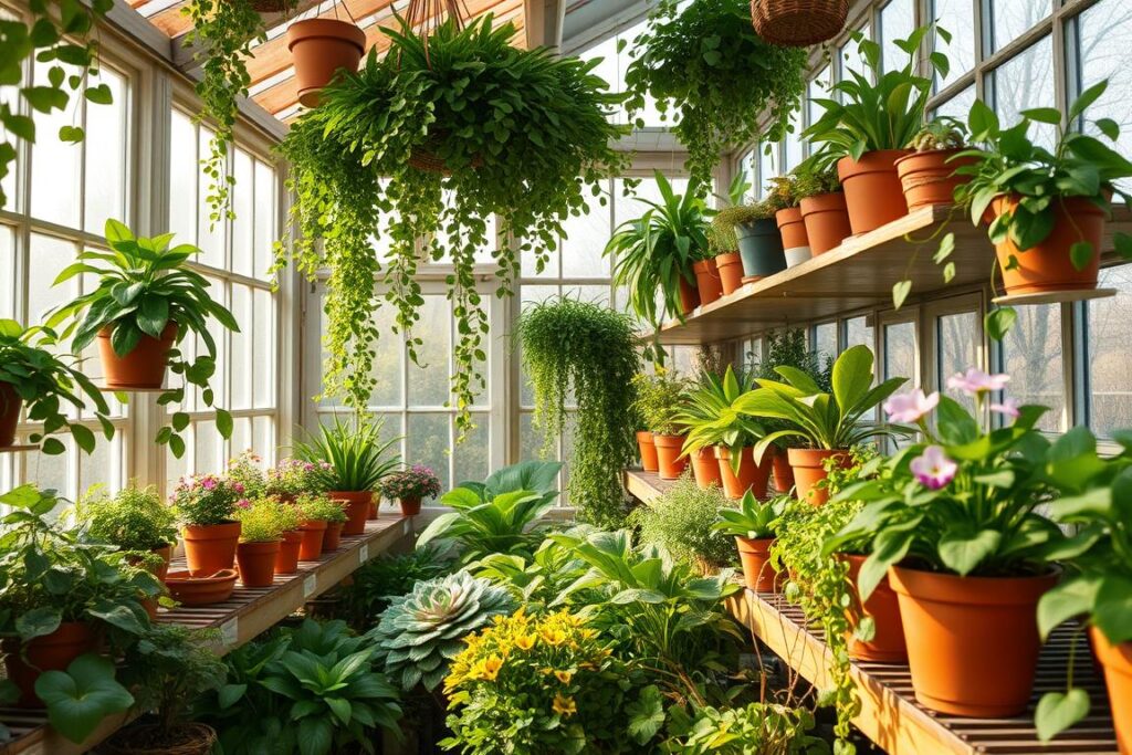 A cozy, well-lit indoor greenhouse filled with a vibrant assortment of potted plants. Lush, verdant foliage cascades from shelves, while a soft, natural light filters through large windows, casting a warm, inviting glow. The scene conveys a sense of serenity and tranquility, with the plants thriving in their carefully curated environment. Delicate, colorful blooms add pops of vibrant hues, complementing the earthy tones of the terracotta pots and wooden accents. The overall atmosphere is one of harmony and balance, perfectly suited for a space dedicated to seasonal inspiration and sustainable well-being.