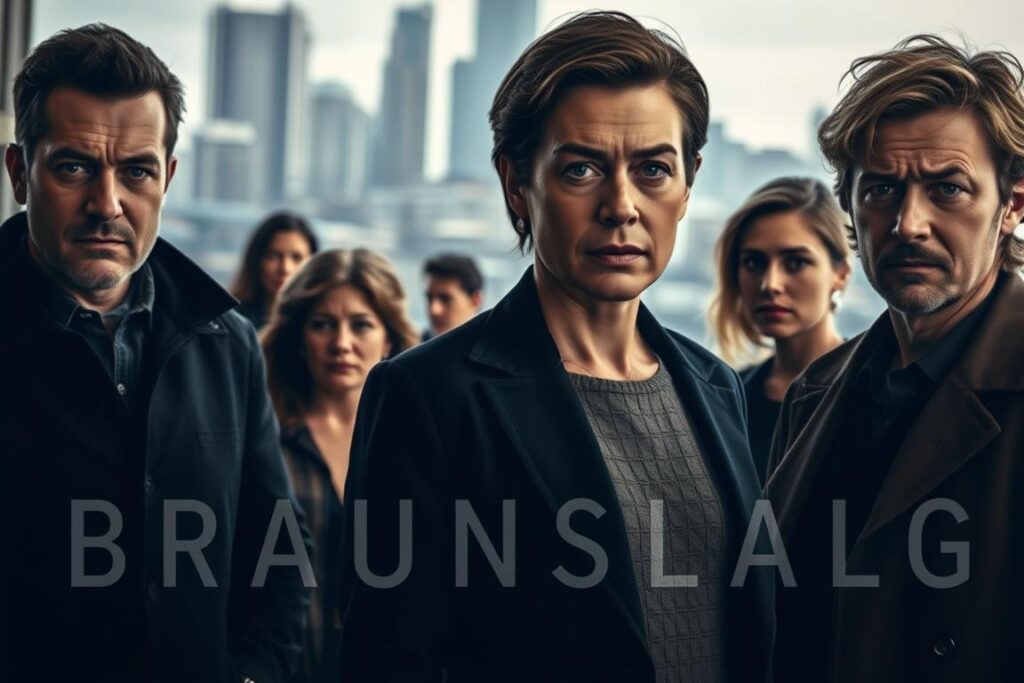 A detailed portrait of the cast of the German TV series "Braunschlag". In the foreground, the lead actors stand together, their expressions conveying the dramatic tone of the show. Subtle lighting casts dramatic shadows, highlighting their features. The middle ground depicts supporting cast members in thoughtful poses, while the background is a blurred cityscape, suggesting the urban setting of the series. The overall atmosphere is one of cinematic sophistication, capturing the essence of the acclaimed Braunschlag production. A detailed portrait of the cast of the German TV series "Braunschlag". In the foreground, the lead actors stand together, their expressions conveying the dramatic tone of the show. Subtle lighting casts dramatic shadows, highlighting their features. The middle ground depicts supporting cast members in thoughtful poses, while the background is a blurred cityscape, suggesting the urban setting of the series. The overall atmosphere is one of cinematic sophistication, capturing the essence of the acclaimed Braunschlag production.