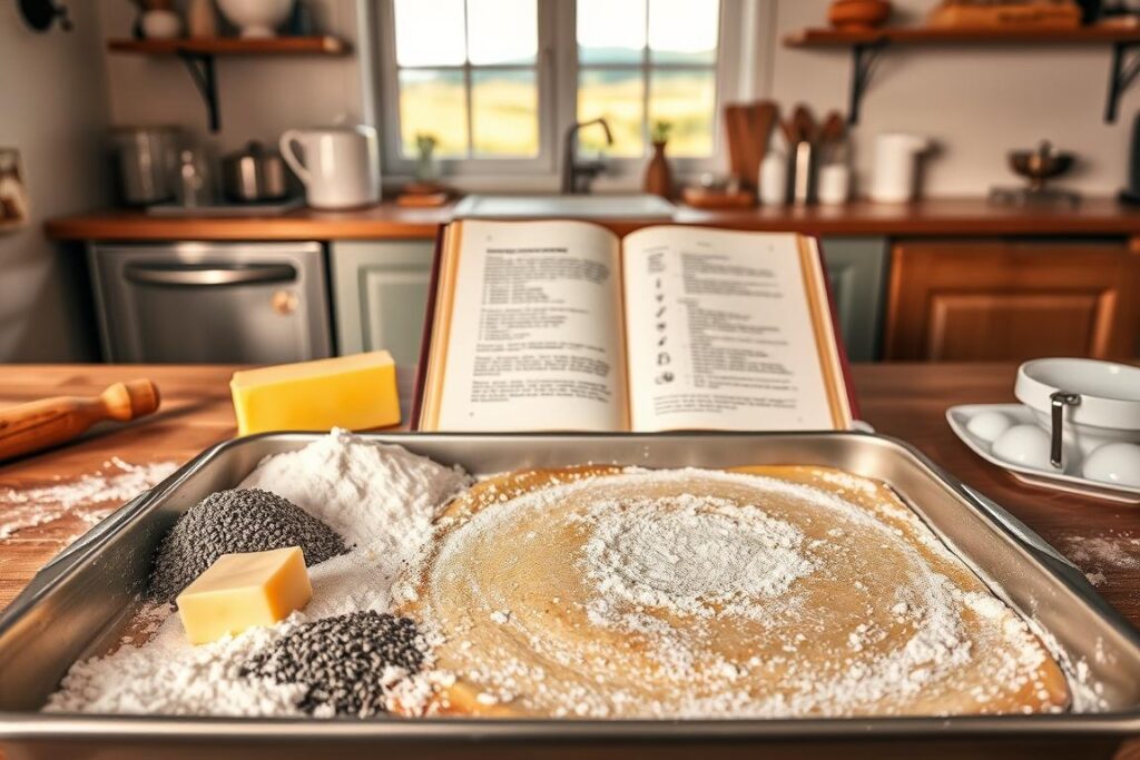 A detailed step-by-step guide for baking the perfect Mohnkuchen (poppy seed cake). In the foreground, a neatly laid-out baking tray showcases the cake ingredients - freshly ground poppy seeds, butter, sugar, flour, and eggs. A rolling pin and a dusting of flour suggest the preparation process. In the middle ground, an open baking book displays the recipe instructions, its pages illuminated by warm, natural lighting. The background features a cozy kitchen setting with vintage-style appliances, utensils, and a window overlooking a pastoral landscape. The overall scene conveys a sense of homely comfort and artisanal craftsmanship, perfectly capturing the essence of baking the ultimate Mohnkuchen.