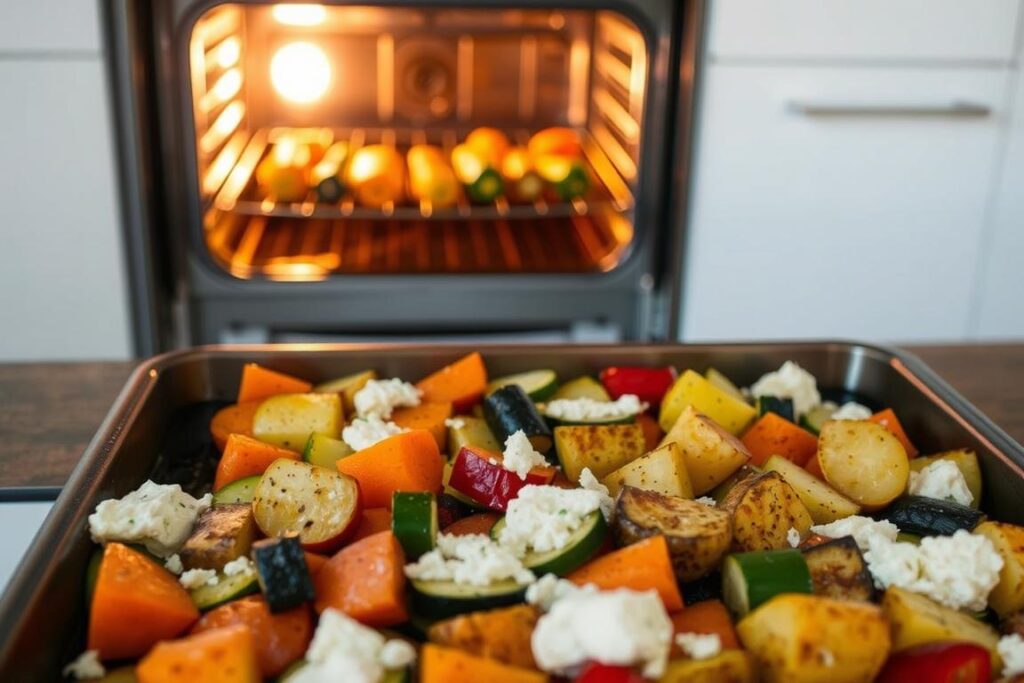 A detailed step-by-step visual guide to preparing a delectable oven-roasted vegetable dish featuring potatoes and feta cheese. In the foreground, freshly chopped vegetables - carrots, bell peppers, zucchini, and potatoes - are neatly arranged on a baking tray, drizzled with olive oil and seasoned with herbs and spices. The midground reveals the open oven door, showcasing the steaming, golden-brown vegetables roasting to perfection under warm, natural lighting. In the background, a minimalist kitchen setting provides a clean, uncluttered backdrop, emphasizing the focus on the step-by-step cooking process. The overall mood is one of simplicity, comfort, and culinary expertise, inviting the viewer to easily replicate this appetizing oven-baked vegetable recipe.