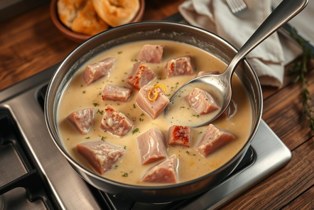 A gourmet ham and cream sauce simmers on a stovetop, the rich aroma filling the air. Chunks of salty, succulent ham are nestled in a silky, velvety sauce, accented with fragrant herbs and a hint of lemon zest. The sauce glistens under warm, soft lighting, inviting a spoon to swirl and taste. In the background, a wooden table is set with rustic elements - a linen napkin, a crusty bread roll, and a sprig of fresh thyme. The overall scene exudes comfort, indulgence, and culinary expertise, perfectly capturing the essence of a tempting ham and cream sauce recipe.