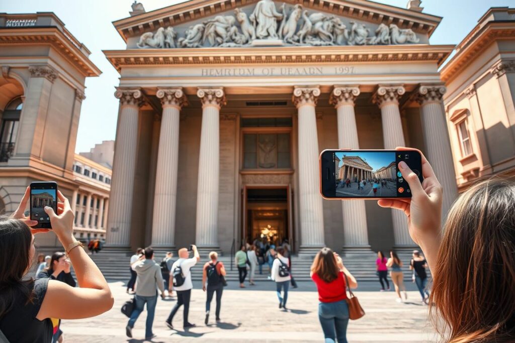 A grand museum facade, its stately columns and ornate architecture bathed in warm, natural light. In the foreground, a group of visitors exploring the building's exterior, their phones raised to capture the experience in augmented reality. The middle ground reveals the museum's entrance, with people entering and exiting, their movements fluid and inviting. In the background, a bustling city street, its buildings and landmarks blending seamlessly with the museum's timeless design. The overall scene conveys a sense of discovery, technology enhancing the appreciation of art and culture, a harmonious blend of the old and the new. A grand museum facade, its stately columns and ornate architecture bathed in warm, natural light. In the foreground, a group of visitors exploring the building's exterior, their phones raised to capture the experience in augmented reality. The middle ground reveals the museum's entrance, with people entering and exiting, their movements fluid and inviting. In the background, a bustling city street, its buildings and landmarks blending seamlessly with the museum's timeless design. The overall scene conveys a sense of discovery, technology enhancing the appreciation of art and culture, a harmonious blend of the old and the new.
