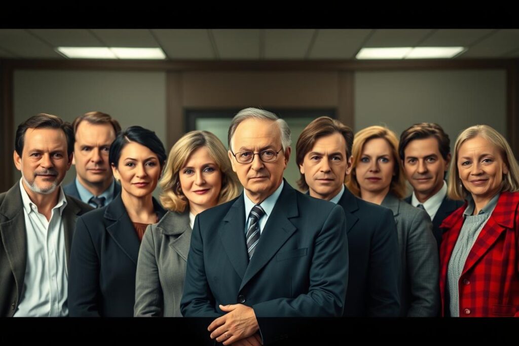 A group portrait of the main cast of the Austrian television series "Kottan ermittelt", captured in a classic cinematic style. The actors, dressed in their iconic character costumes, are posed together in a natural and relaxed manner, conveying a sense of camaraderie and ensemble. The lighting is soft and evenly distributed, creating a warm and inviting atmosphere. The background is slightly blurred, allowing the focus to remain on the actors' faces and expressions. The composition is balanced and symmetrical, with the actors arranged in a visually appealing manner. The overall tone is one of professionalism and artistic quality, perfectly suited to illustrate the "Besetzung von der Serie Kottan ermittelt" section of the article.