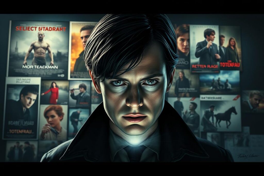 A high-resolution digital painting showcasing the filmography of the lead actor from the German television series "Totenfrau". The middle ground features a close-up portrait of the actor, rendered with photorealistic detail and dramatic lighting, capturing their intense yet pensive expression. The background depicts various film posters and movie stills, arranged in a dynamic, collage-like composition that highlights the actor's diverse body of work across different genres and time periods. The overall scene is bathed in a moody, cinematic atmosphere, with a shallow depth of field and subtle film grain, evoking the ambiance of a classic movie theater or production still.