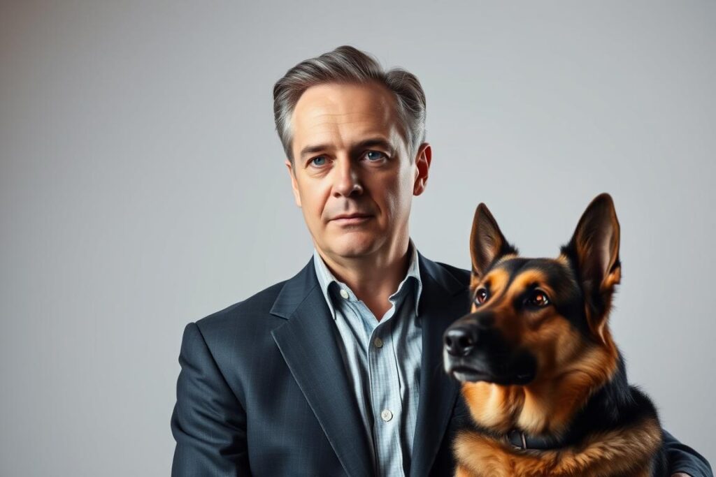 A middle-aged actor with a distinguished, serious expression standing in a well-lit studio setting, wearing a tailored suit and holding a friendly-looking dog by his side. The actor's gaze is directed slightly off-camera, conveying a sense of professionalism and dedication to his craft. The dog, perhaps a German shepherd or similar breed, appears calm and attentive, creating a warm, approachable dynamic between the actor and his canine companion. Soft, even lighting illuminates the scene, emphasizing the actor's features and the dog's fur. The background is minimalist, allowing the focus to remain on the central figures. A middle-aged actor with a distinguished, serious expression standing in a well-lit studio setting, wearing a tailored suit and holding a friendly-looking dog by his side. The actor's gaze is directed slightly off-camera, conveying a sense of professionalism and dedication to his craft. The dog, perhaps a German shepherd or similar breed, appears calm and attentive, creating a warm, approachable dynamic between the actor and his canine companion. Soft, even lighting illuminates the scene, emphasizing the actor's features and the dog's fur. The background is minimalist, allowing the focus to remain on the central figures.