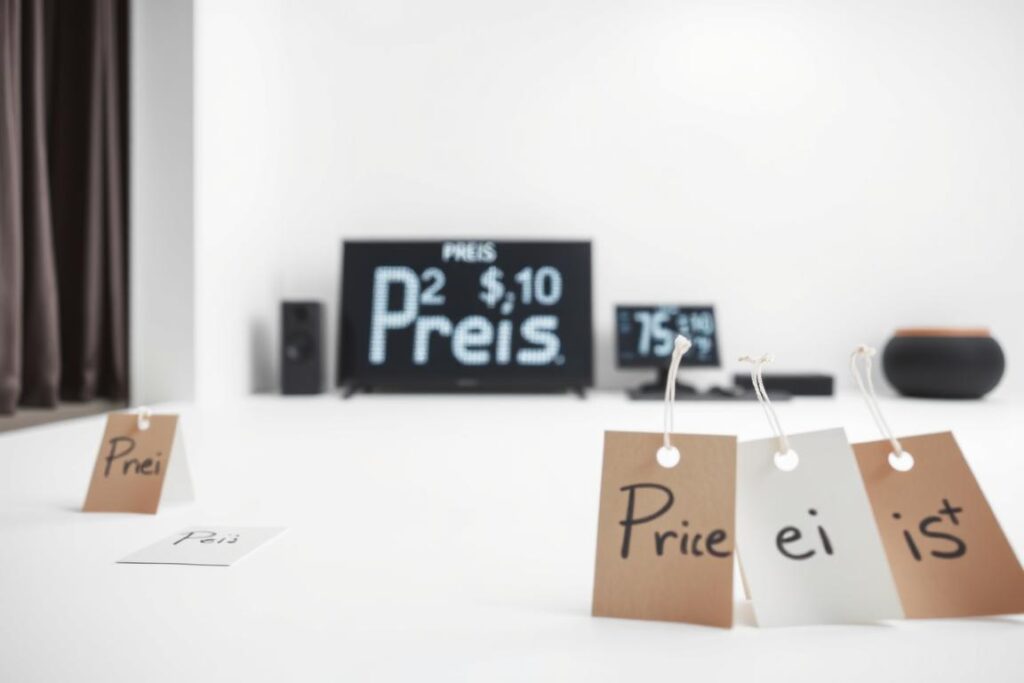 A minimalist, high-contrast image of various price tags and labels, representing the "Preis" (price) aspect of virtual fitness offerings. The foreground features a selection of simple, hand-written or typed price tags in neutral colors against a clean, white background. The middle ground includes a few electronic price displays or screens, conveying the digital nature of online courses and home training. The background subtly suggests a modern, uncluttered home gym or workout space, with muted colors and clean lines. Soft, directional lighting creates depth and highlights the key price-related elements, establishing a focused, thoughtful atmosphere.