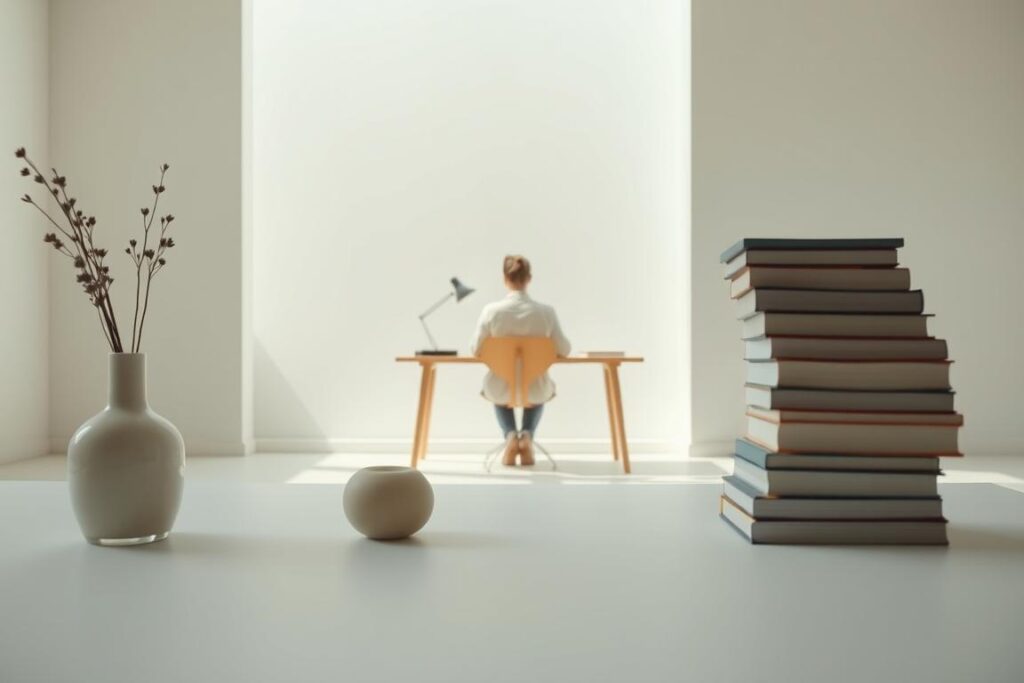 A minimalist study with muted tones, capturing the typical hurdles of minimalist living. In the foreground, a few everyday objects - a simple vase, a sleek desk lamp, a neatly stacked pile of books - evoke a sense of serenity. In the middle ground, a person sits at a clean, uncluttered desk, contemplating the choice to live with less. The background is a soft, hazy gradient, conveying a sense of contemplation and introspection. Natural light filters in, casting subtle shadows and highlighting the simplicity of the scene. The overall mood is one of quiet reflection, inviting the viewer to consider the benefits and challenges of a minimalist lifestyle.