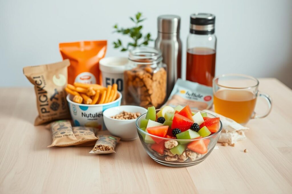 A neatly arranged assortment of healthy snacks on a clean, minimalist wooden table. In the foreground, a bowl of fresh fruit salad, nestled between a handful of trail mix, a pack of nut bars, and a container of crunchy veggie sticks. The middle ground features a glass jar of yogurt with granola topping, complemented by a thermos of herbal tea. In the background, a reusable water bottle and a small potted plant add a touch of nature to the scene. Soft, natural lighting gently illuminates the setup, creating a calming, inviting atmosphere that showcases the convenience and nutritional value of these on-the-go snack options.
