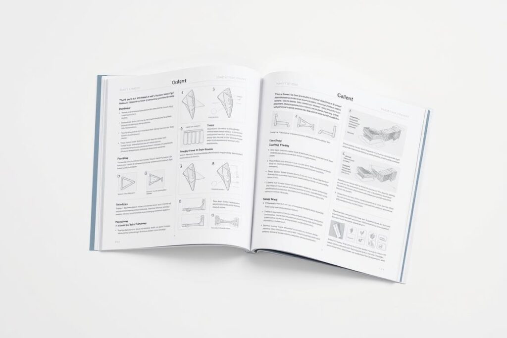 A neatly laid out instruction manual, its pages open to reveal step-by-step diagrams and carefully annotated illustrations. The pages are crisp and clean, the text legible and well-organized. Soft, even lighting illuminates the details, casting gentle shadows that lend depth and dimension. The composition is balanced, with the manual occupying the central focus, surrounded by a neutral, uncluttered background that allows the content to shine. The overall mood is one of clarity, precision, and professionalism - a trustworthy guide to help the reader achieve their creative goals.
