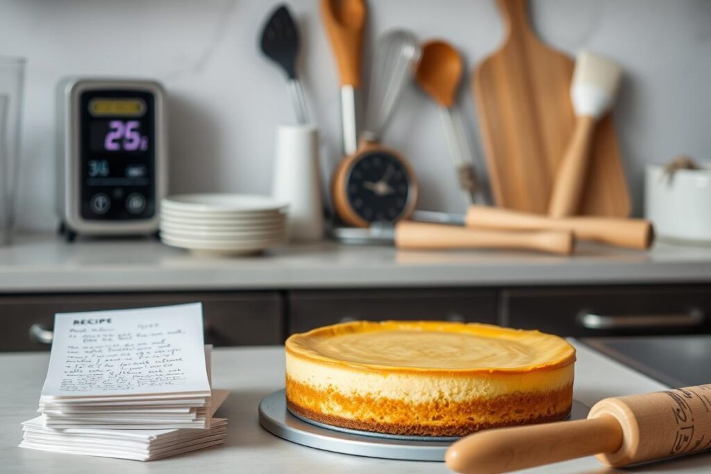 A neatly organized kitchen counter with a freshly baked cheesecake in the center, accompanied by a digital oven thermometer displaying the optimal temperature for baking. In the foreground, a stack of handwritten recipe cards and a wooden rolling pin, hinting at the careful preparation process. The middle ground features an assortment of baking tools, including a whisk, a spatula, and a timer, conveying a sense of culinary precision. The background is softly blurred, drawing the viewer's attention to the focal point - the golden, perfectly baked cheesecake, ready to be served. The overall scene exudes a warm, inviting atmosphere, reflecting the care and attention required to create the perfect cheesecake.