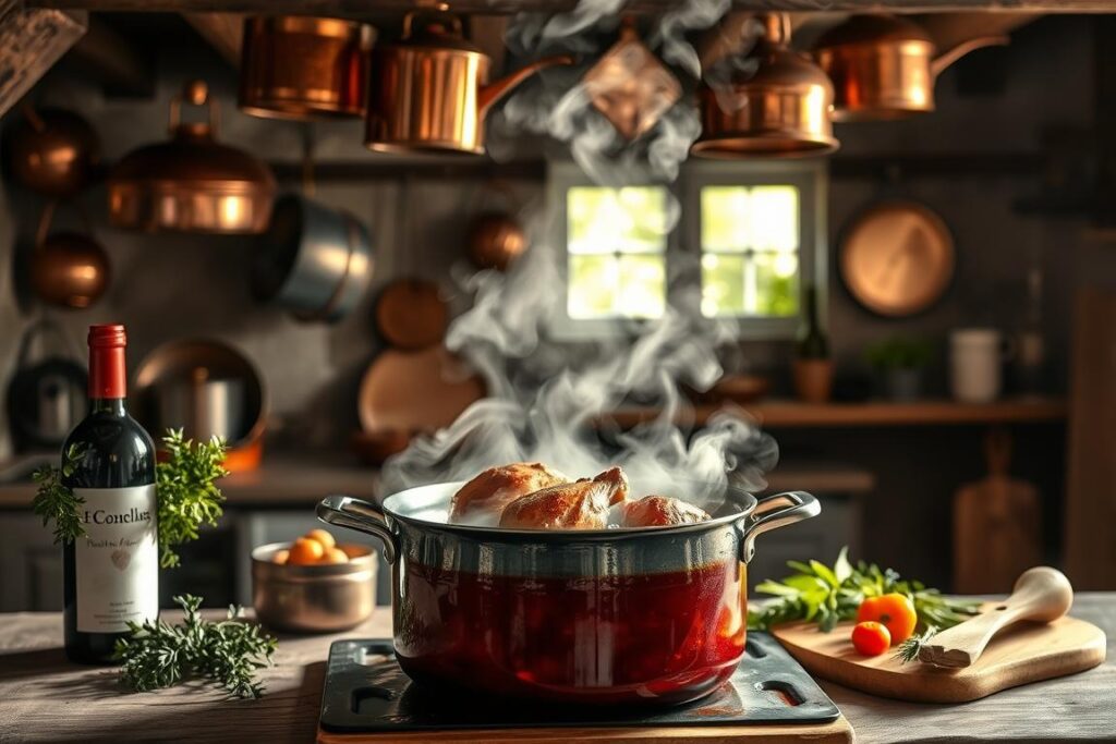 A rustic French kitchen scene with a steaming pot of Coq au Vin taking center stage. Gleaming copper pots and pans hang from the exposed beams, casting a warm glow over the scene. Fresh herbs, a bottle of red wine, and a wooden cutting board with aromatic vegetables sit nearby, hinting at the preparation process. Soft, diffused lighting illuminates the rich, burgundy stew, steam rising in delicate wisps. The atmosphere is cozy and inviting, capturing the essence of this classic French dish. Elegant yet hearty, the image perfectly illustrates the "Tipps & Tricks für das perfekte Coq au Vin".