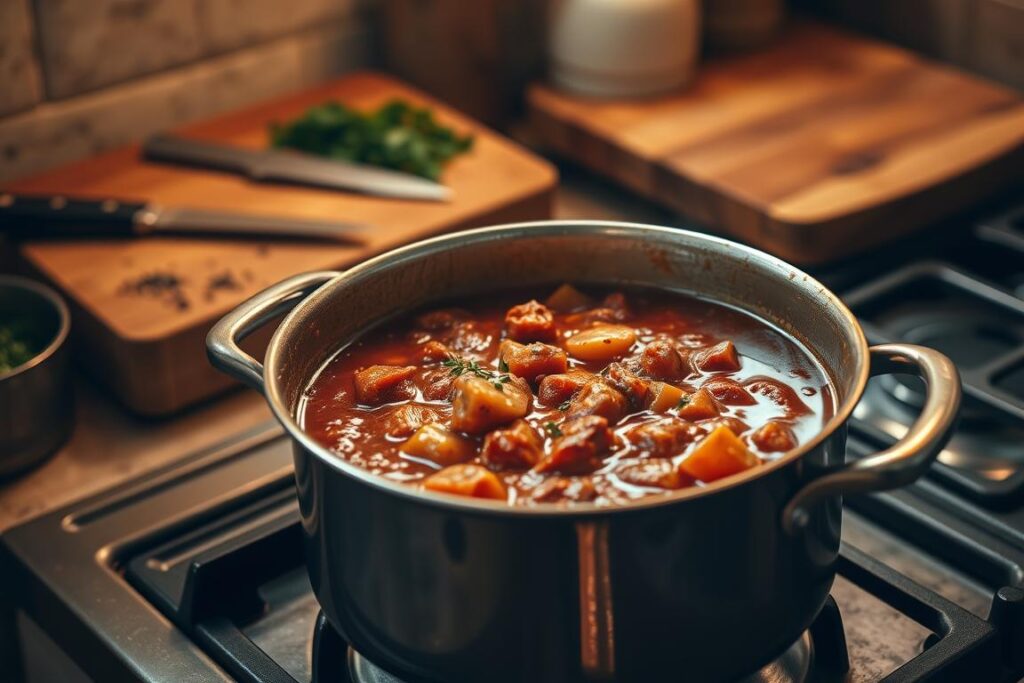 A rustic kitchen scene with a simmering pot of Hungarian goulash on the stovetop. Warm, golden lighting illuminates the deep, rich stew, its complex blend of spices and tender meat simmering at the perfect temperature. In the background, a wooden cutting board with a sharp knife and fresh herbs hinting at the preparation process. The atmosphere is cozy and inviting, with a sense of care and attention to detail in every element. The image conveys the optimal cooking time and heat required to achieve the desired thick, velvety consistency of authentic Hungarian goulash.