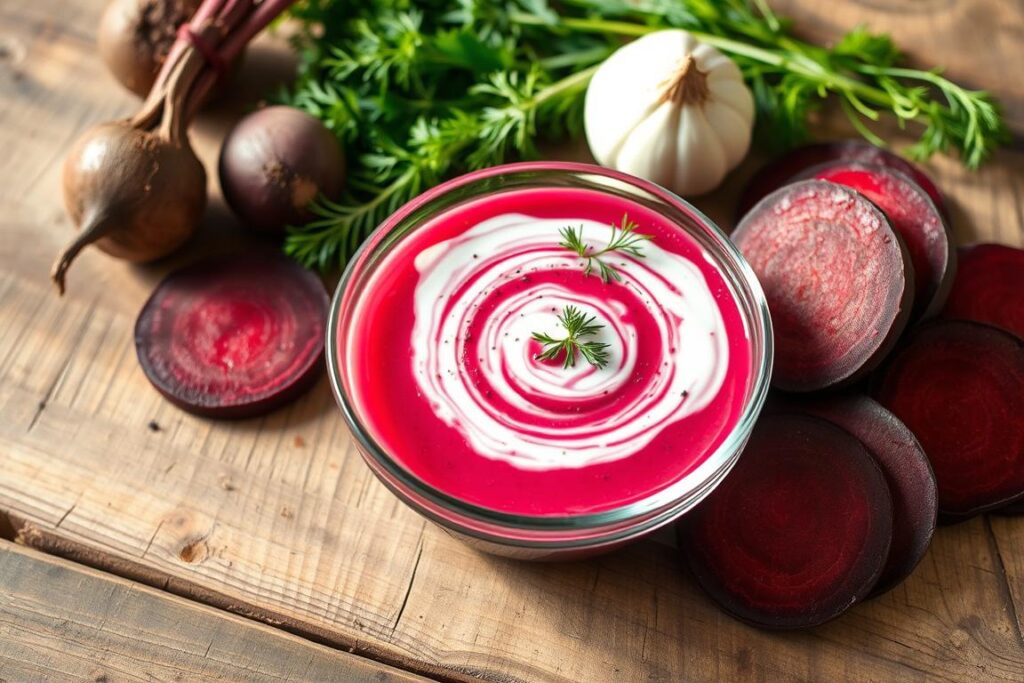 A rustic wooden table, its surface lightly worn and weathered, takes center stage. Atop it, a glass bowl filled with a vibrant, ruby-hued dressing, its ingredients artfully arranged around it. Sliced red beets, their earthy sweetness complemented by the creamy swirls of a yogurt-based dressing. Sprigs of fresh dill and a dusting of cracked black pepper add depth and complexity to the composition. Soft, natural lighting filters in, casting a warm, inviting glow over the scene. The overall mood is one of simple, nourishing elegance - a visual representation of the care and attention that goes into crafting the perfect red beet dressing. A rustic wooden table, its surface lightly worn and weathered, takes center stage. Atop it, a glass bowl filled with a vibrant, ruby-hued dressing, its ingredients artfully arranged around it. Sliced red beets, their earthy sweetness complemented by the creamy swirls of a yogurt-based dressing. Sprigs of fresh dill and a dusting of cracked black pepper add depth and complexity to the composition. Soft, natural lighting filters in, casting a warm, inviting glow over the scene. The overall mood is one of simple, nourishing elegance - a visual representation of the care and attention that goes into crafting the perfect red beet dressing.
