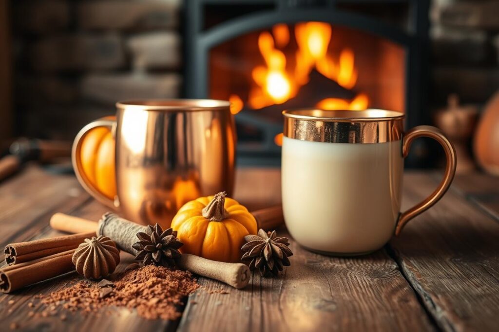 A rustic wooden table, its surface weathered and worn, sets the stage for a delightful pumpkin spice latte recipe. In the foreground, an array of autumn-inspired ingredients takes center stage: freshly ground cinnamon, aromatic nutmeg, rich vanilla extract, and a creamy pumpkin puree. The middle ground features a gleaming copper mug, its curved silhouette reflecting the warm lighting that bathes the scene. In the background, a cozy fireplace crackles, casting a soft, inviting glow that infuses the image with a sense of comfort and coziness. The overall composition evokes the comforting flavors and autumn ambiance of the perfect pumpkin spice latte.