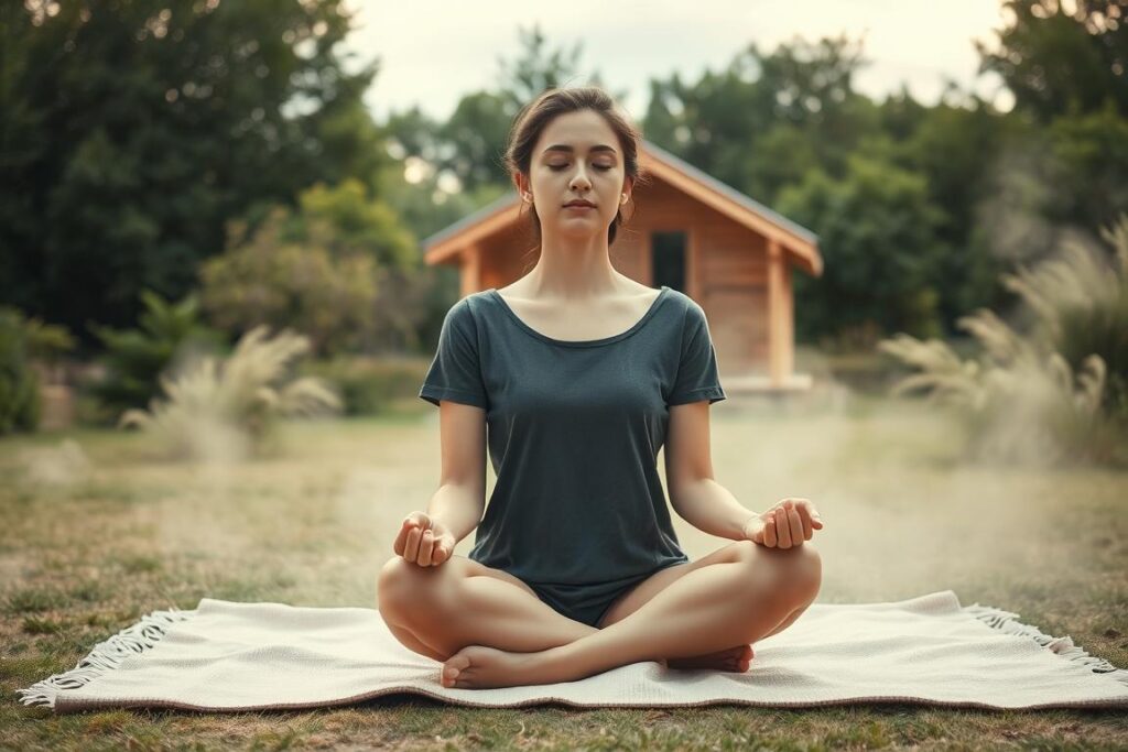A serene, minimalist scene of a young woman in a tranquil outdoor setting, taking a peaceful "auszeit" or break. The woman sits cross-legged on a soft, earthy-toned rug, her eyes closed in meditation. Gentle natural light filters through wispy clouds, casting a warm, diffused glow across the scene. In the background, a simple wooden structure or cabin nestles among lush, verdant foliage, conveying a sense of retreat and rejuvenation. The overall mood is one of quiet contemplation, simplicity, and the restorative power of a small, thoughtfully curated getaway. A serene, minimalist scene of a young woman in a tranquil outdoor setting, taking a peaceful "auszeit" or break. The woman sits cross-legged on a soft, earthy-toned rug, her eyes closed in meditation. Gentle natural light filters through wispy clouds, casting a warm, diffused glow across the scene. In the background, a simple wooden structure or cabin nestles among lush, verdant foliage, conveying a sense of retreat and rejuvenation. The overall mood is one of quiet contemplation, simplicity, and the restorative power of a small, thoughtfully curated getaway.