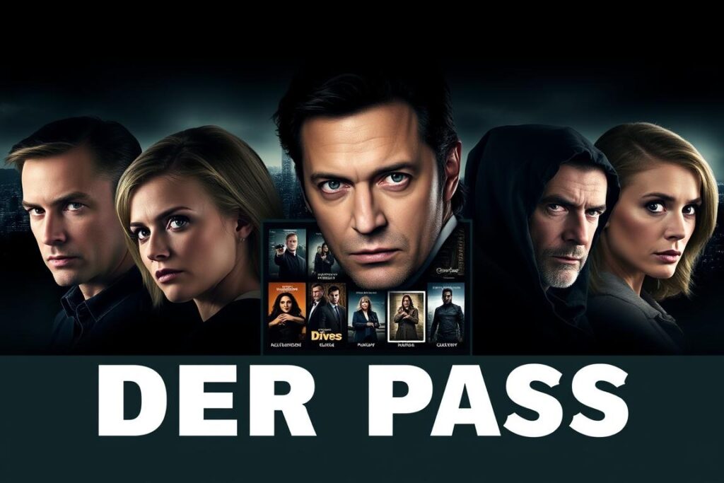 A sleek, cinematic poster showcasing the filmography of the stars of the acclaimed TV series "Der Pass". In the foreground, stunning headshots of the lead actors in dramatic, chiaroscuro lighting, capturing their intense gazes. In the middle ground, a grid of glossy movie poster thumbnails, highlighting their diverse acting credits. The background features a moody, atmospheric cityscape, hinting at the noir-ish tone of the show. The overall composition is polished and sophisticated, befitting the prestigious nature of the production. A sleek, cinematic poster showcasing the filmography of the stars of the acclaimed TV series "Der Pass". In the foreground, stunning headshots of the lead actors in dramatic, chiaroscuro lighting, capturing their intense gazes. In the middle ground, a grid of glossy movie poster thumbnails, highlighting their diverse acting credits. The background features a moody, atmospheric cityscape, hinting at the noir-ish tone of the show. The overall composition is polished and sophisticated, befitting the prestigious nature of the production.