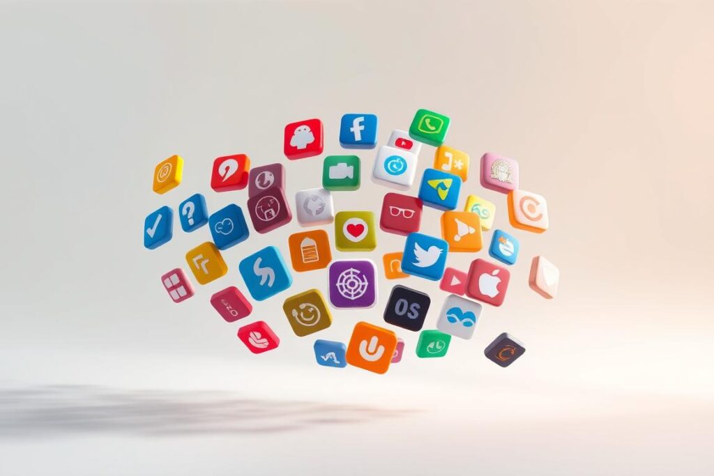 A vibrant array of colorful mobile app icons floating in a serene, minimalist environment. The icons are depicted in a clean, flat design style, showcasing a diverse range of digital tools and services that could help someone disconnect from technology and find offline balance. The scene is bathed in soft, diffused lighting, creating a calming, tranquil atmosphere. The background is a muted, pastel-toned gradient, allowing the app icons to take center stage and convey a sense of simplicity and clarity. The composition is arranged in a dynamic, asymmetrical layout, suggesting the harmony between digital and analog experiences.