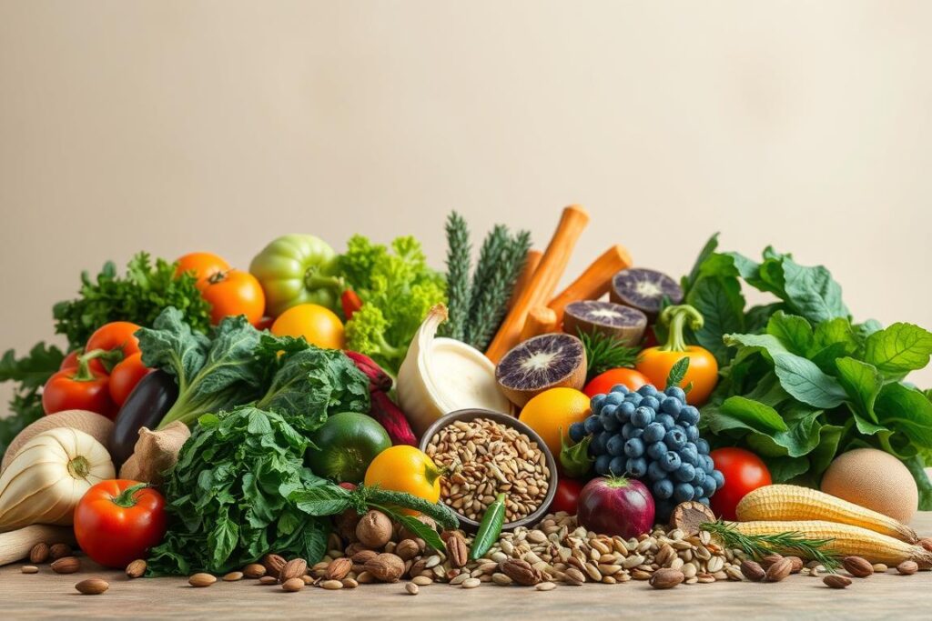A vibrant still life showcasing a variety of wholesome, plant-based nutrients. In the foreground, an assortment of colorful vegetables, fruits, and leafy greens arranged in an elegant composition, lit by soft, natural lighting from an overhead window. In the middle ground, various superfoods, seeds, and nuts, their textures and patterns creating visual interest. The background features a neutral, earthy-toned backdrop, allowing the vibrant hues of the produce to take center stage. The overall mood is one of health, balance, and abundance, inviting the viewer to appreciate the beauty and nourishment of a plant-based diet. A vibrant still life showcasing a variety of wholesome, plant-based nutrients. In the foreground, an assortment of colorful vegetables, fruits, and leafy greens arranged in an elegant composition, lit by soft, natural lighting from an overhead window. In the middle ground, various superfoods, seeds, and nuts, their textures and patterns creating visual interest. The background features a neutral, earthy-toned backdrop, allowing the vibrant hues of the produce to take center stage. The overall mood is one of health, balance, and abundance, inviting the viewer to appreciate the beauty and nourishment of a plant-based diet.