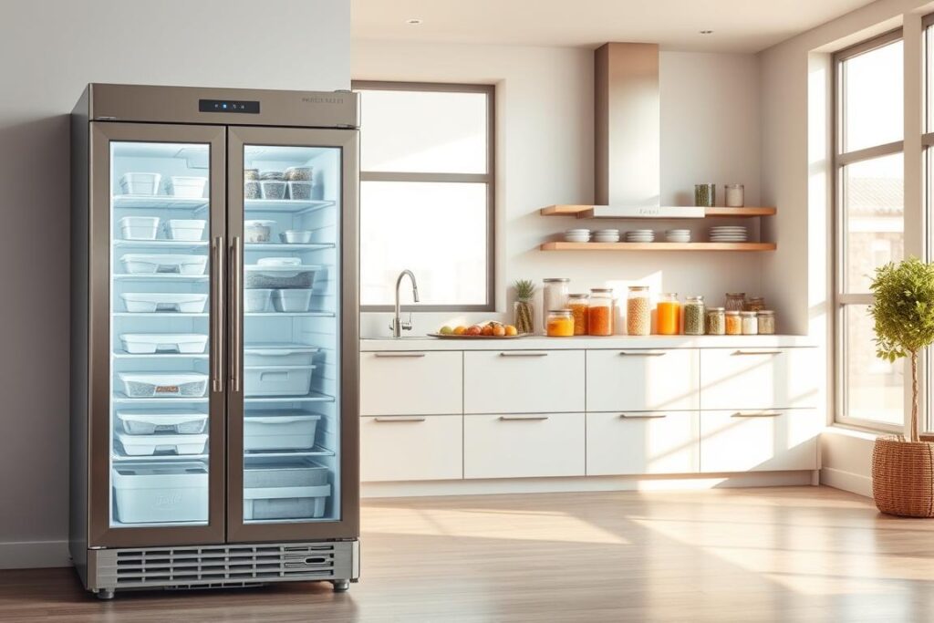 A well-organized modern kitchen interior with a prominent freezer unit in the foreground. The freezer has a clean, minimalist design with stainless steel finishing and a large transparent door, allowing a view of the neatly arranged frozen containers inside. The middle ground features a sleek kitchen counter with various storage jars and containers, conveying an organized and efficient food storage setup. The background showcases a bright, airy room with large windows, casting warm natural lighting and reflecting the minimalist, high-quality aesthetic. The overall scene exudes a sense of professionalism, practicality, and a commitment to reducing food waste through strategic freezing techniques.