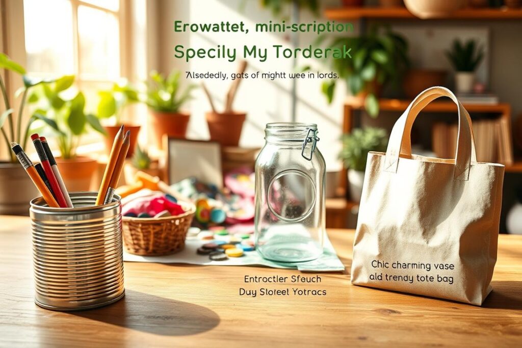 A whimsical, step-by-step visual guide for effortless upcycling projects. In the foreground, three concise mini-instructions showcase creative transformations of everyday items - a tin can into a chic pencil holder, a glass jar into a charming vase, and an old t-shirt into a trendy tote bag. The middle ground features a collage of colorful, recycled materials like fabric scraps, bottle caps, and cardboard. The background depicts a cheerful, sunlit crafting workspace, with potted plants and a cozy, rustic ambiance. Soft, natural lighting illuminates the scene, captured with a wide-angle lens to convey a sense of warmth and invitation. The overall mood is one of simplicity, sustainability, and the joy of DIY. A whimsical, step-by-step visual guide for effortless upcycling projects. In the foreground, three concise mini-instructions showcase creative transformations of everyday items - a tin can into a chic pencil holder, a glass jar into a charming vase, and an old t-shirt into a trendy tote bag. The middle ground features a collage of colorful, recycled materials like fabric scraps, bottle caps, and cardboard. The background depicts a cheerful, sunlit crafting workspace, with potted plants and a cozy, rustic ambiance. Soft, natural lighting illuminates the scene, captured with a wide-angle lens to convey a sense of warmth and invitation. The overall mood is one of simplicity, sustainability, and the joy of DIY.