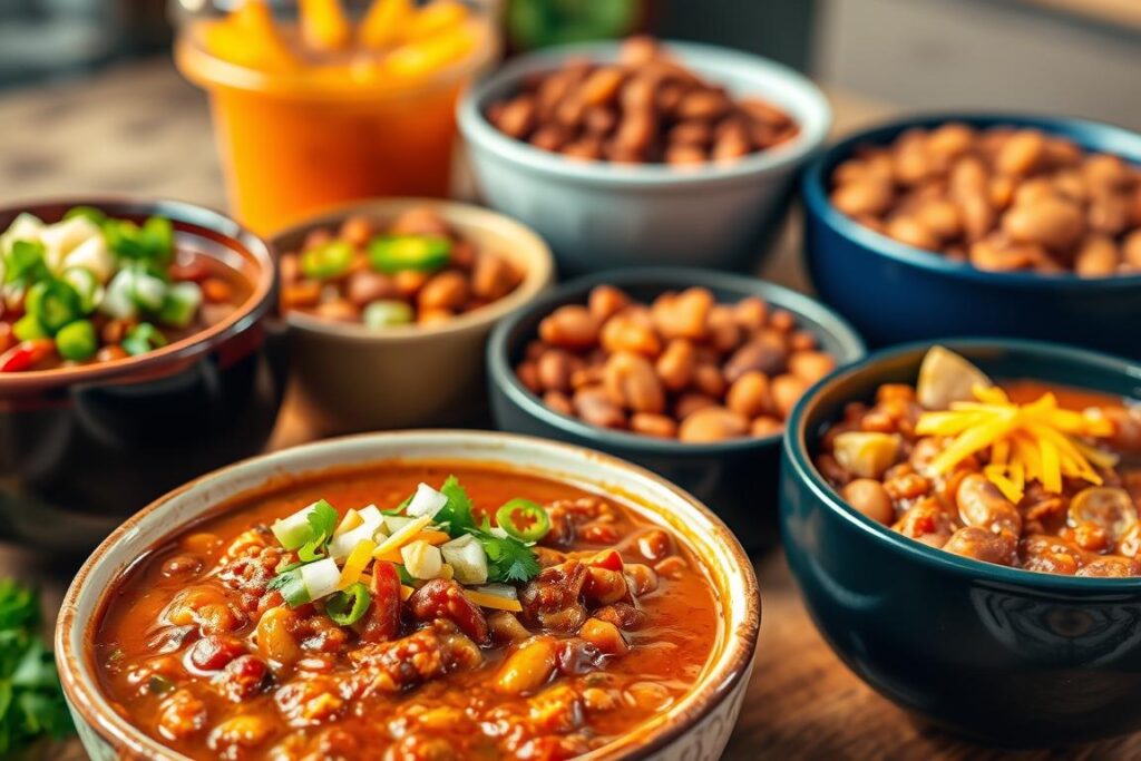 Chili con carne variationen: A vibrant, mouthwatering display of diverse chili con carne creations. In the foreground, a bowl of classic chili con carne with a rich, velvety texture, garnished with fresh cilantro, diced onions, and a sprinkle of shredded cheddar cheese. Surrounding it, an array of creative variations - a hearty chili verde with tomatillos and jalapeños, a smoky chipotle-infused rendition, a vegetarian option brimming with kidney beans and roasted bell peppers, and a zesty turkey chili brightened with lime and cumin. The scene is bathed in warm, natural lighting, showcasing the enticing colors and textures of these diverse chili con carne interpretations, inviting the viewer to explore new and exciting flavor profiles.