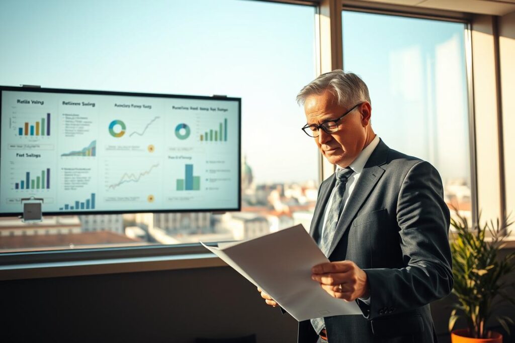 Detailed image of "altersvorsorge" in the context of retirement planning in Austria. A middle-aged professional in a suit stands in a sunny office, carefully examining financial documents. Behind them, a wall-mounted display shows charts and graphs illustrating retirement savings and investment options. Through a large window, the cityscape of Vienna is visible, with the iconic Stephansdom cathedral in the distance. The lighting is warm and natural, conveying a sense of diligence and thoughtfulness. The overall mood is one of careful consideration and financial responsibility.
