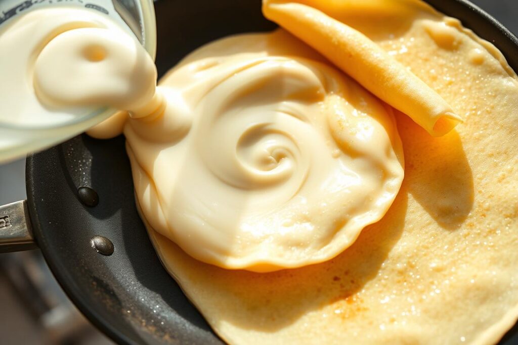 Detailed step-by-step crêpes preparation: A pristine, airy crêpe batter is swirled and poured into a lightly oiled, heated crêpe pan. The batter quickly spreads, forming a delicate golden-brown crêpe. Smooth and evenly cooked, the crêpe is then deftly flipped, revealing its glossy, translucent surface. Soft and pliable, the crêpe is expertly rolled or folded, ready to be filled with sweet or savory ingredients. Bright natural light illuminates the scene, casting soft shadows and highlighting the intricate textures. The camera angle provides a close-up, immersive view, allowing the viewer to fully appreciate the artisanal process of traditional French crêpe making.