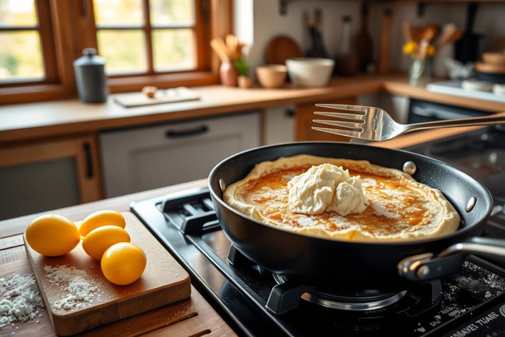 Detailed step-by-step preparation of traditional Austrian Kaiserschmarrn dessert. In the foreground, see a wooden cutting board with freshly beaten eggs, flour, and sugar. In the middle, a large non-stick pan on a gas stove, with a fluffy, golden-brown Kaiserschmarrn pancake being fluffed with a fork. In the background, a rustic kitchen counter with a dusting of powdered sugar and a small bowl of lingonberry jam. Warm, natural lighting from a large window casts a cozy glow. The scene captures the homemade, artisanal essence of this beloved Austrian comfort food. Detailed step-by-step preparation of traditional Austrian Kaiserschmarrn dessert. In the foreground, see a wooden cutting board with freshly beaten eggs, flour, and sugar. In the middle, a large non-stick pan on a gas stove, with a fluffy, golden-brown Kaiserschmarrn pancake being fluffed with a fork. In the background, a rustic kitchen counter with a dusting of powdered sugar and a small bowl of lingonberry jam. Warm, natural lighting from a large window casts a cozy glow. The scene captures the homemade, artisanal essence of this beloved Austrian comfort food.