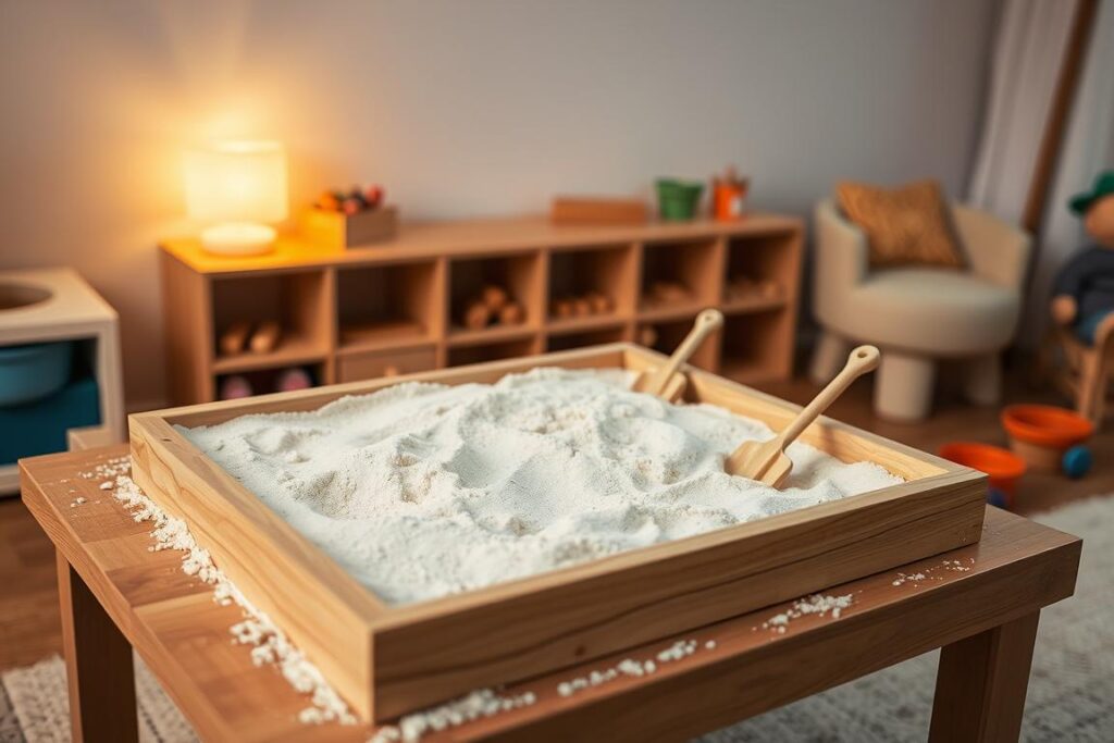 Indoor-Spielsand in a cozy, well-lit children's playroom. Soft, warm lighting illuminates a wooden table holding a rectangular sandbox filled with fine, light-colored sand. Playful wooden toys, such as miniature shovels and buckets, are scattered around the sandbox, inviting little hands to explore and create. The background features a neutral-toned wall, allowing the sand and toys to be the center of attention. The atmosphere is relaxed, encouraging imaginative play and hands-on experimentation. The camera captures a close-up, slightly angled view, emphasizing the inviting, tactile nature of the sand and the engaging, interactive experience it offers.