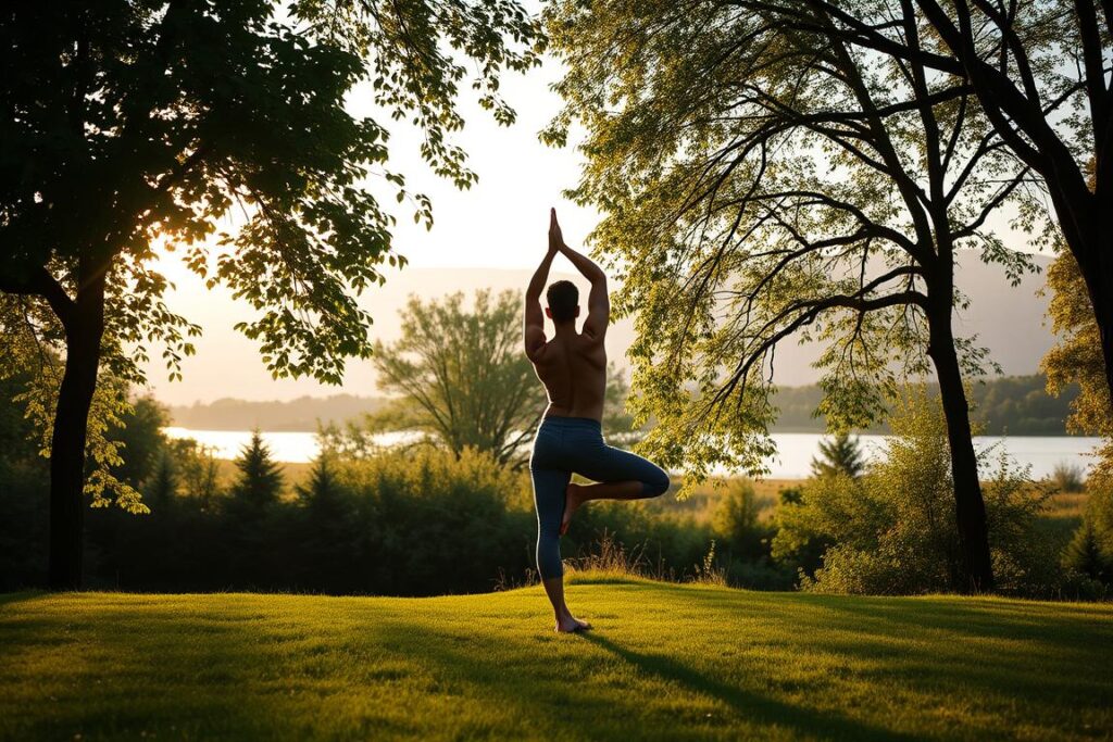 Serene outdoor scene of a person practicing yoga or stretching, surrounded by lush greenery and a calm lake or river. Warm, soft lighting filters through the trees, creating a soothing atmosphere. In the middle ground, the figure moves gracefully, their body in a state of relaxation and focus. In the background, distant hills or mountains provide a sense of tranquility. The composition is balanced and harmonious, conveying a feeling of peace and rejuvenation through movement and nature.