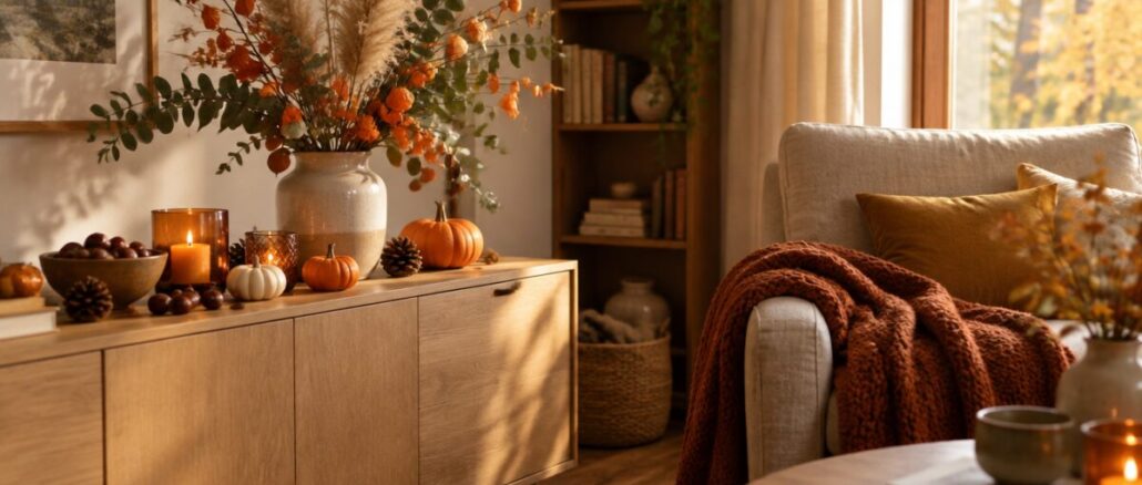 Herbstdeko für zuhause – gemütliches Wohnzimmer im Herbst Herbstdeko für zuhause: Sideboard mit Kürbissen, Trockengräsern, Kerzen und Strickdecke