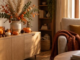 Herbstdeko für zuhause: Sideboard mit Kürbissen, Trockengräsern, Kerzen und Strickdecke