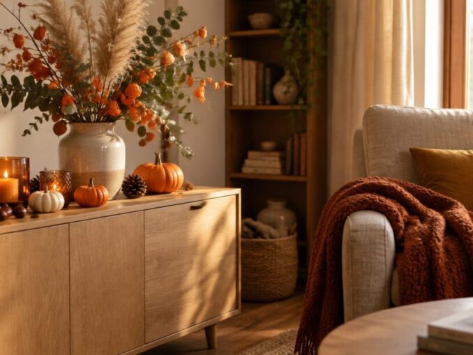 Herbstdeko für zuhause: Sideboard mit Kürbissen, Trockengräsern, Kerzen und Strickdecke