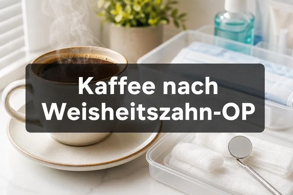 Professional () hero image with 'Kaffee nach Weisheitszahn-OP' in crisp white on a deep semi-transparent dark panel,