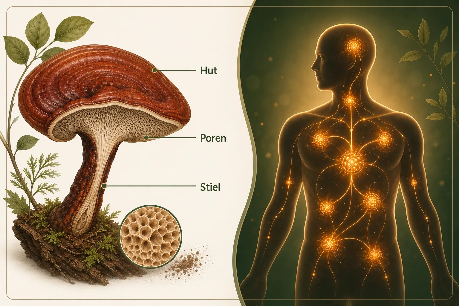 Reishi-Pilz: Erfahrungen & Forum 1 Editorial () symbolic split-screen illustration: left side shows a detailed botanical cross-section diagram of a Reishi