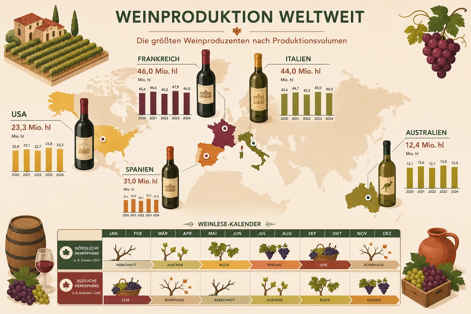Weinproduktion weltweit: Zahlen, Regionen und Trends 2026 1 Key Takeaways